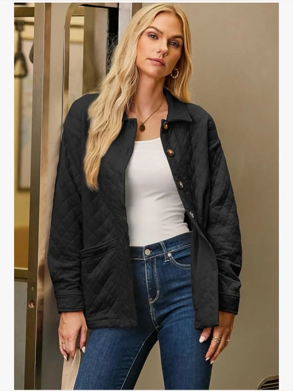 Quilted Black Button-Up Jacket - Picture 3 of 7